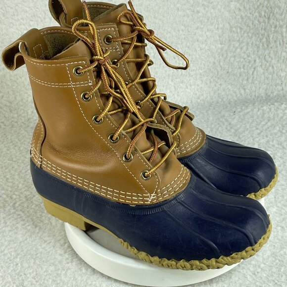 LL BEAN 8" Duck Boots Women’s Size 7M Tan Blue Leather Upper Made In Maine - Picture 1 of 11